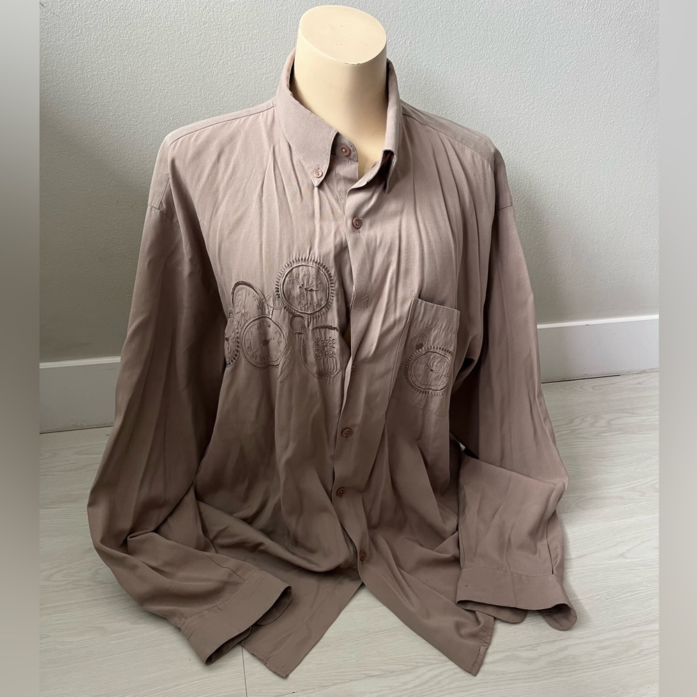 Taupe Button-Up Shirt with Embroidered clocks size XL Women